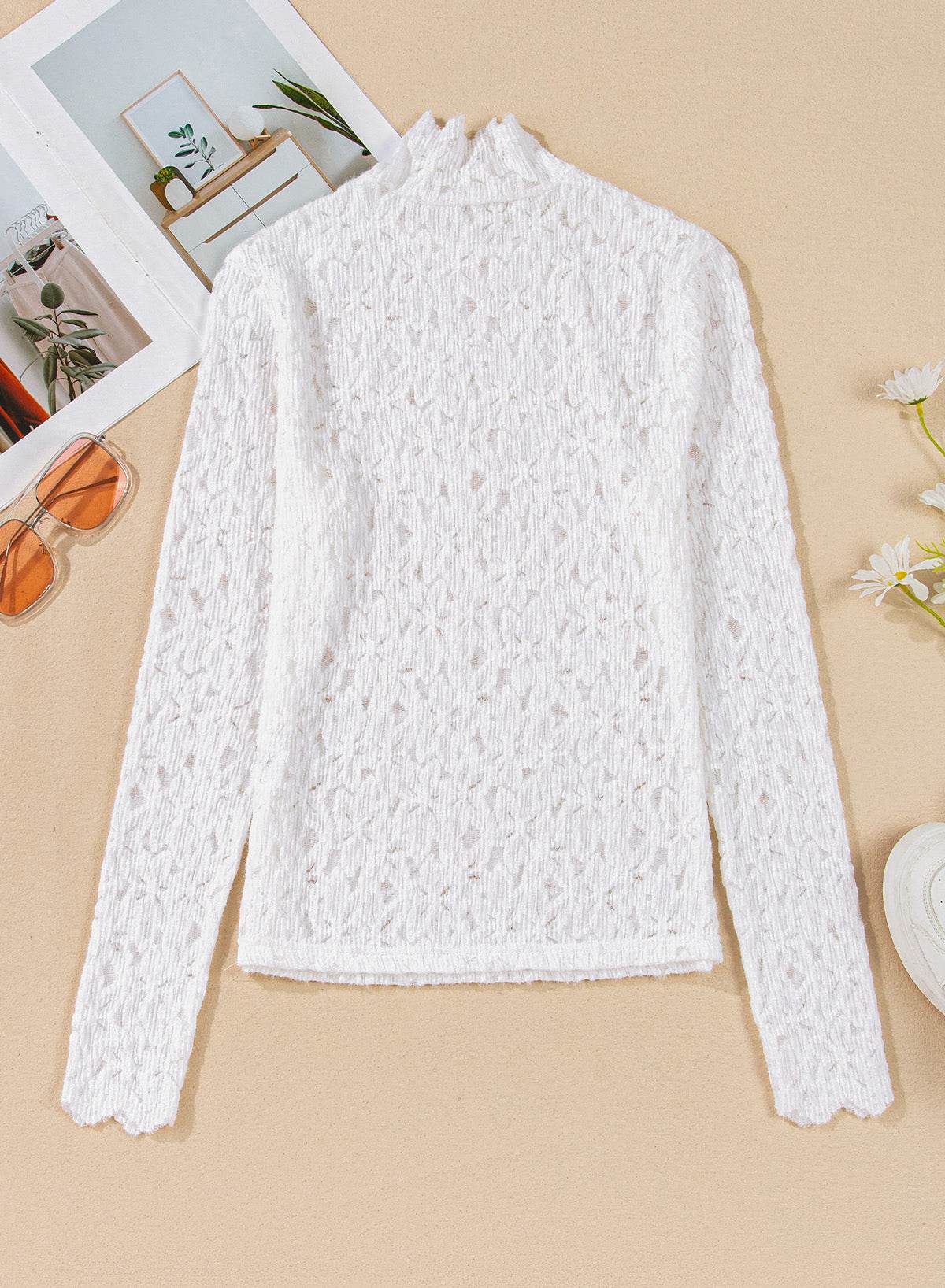 Flower Lace Mock Neck Long Sleeve Top for a perfect OOTD – dress to impress outfits from Amexza