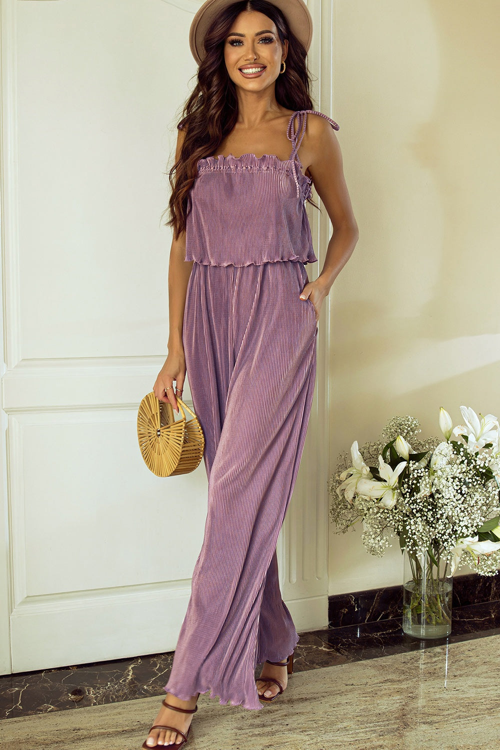 Square Neck Spaghetti Strap Jumpsuit Mauve for a perfect OOTD – dress to impress outfits from Amexza