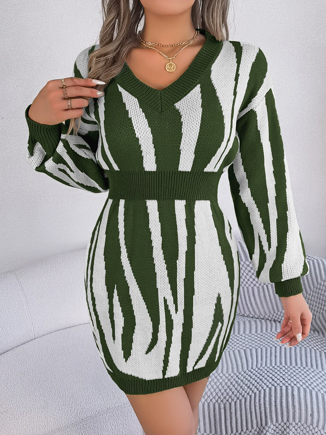 Animal Print V-Neck Long Sleeve Sweater Dress for a perfect OOTD – dress to impress outfits from Amexza