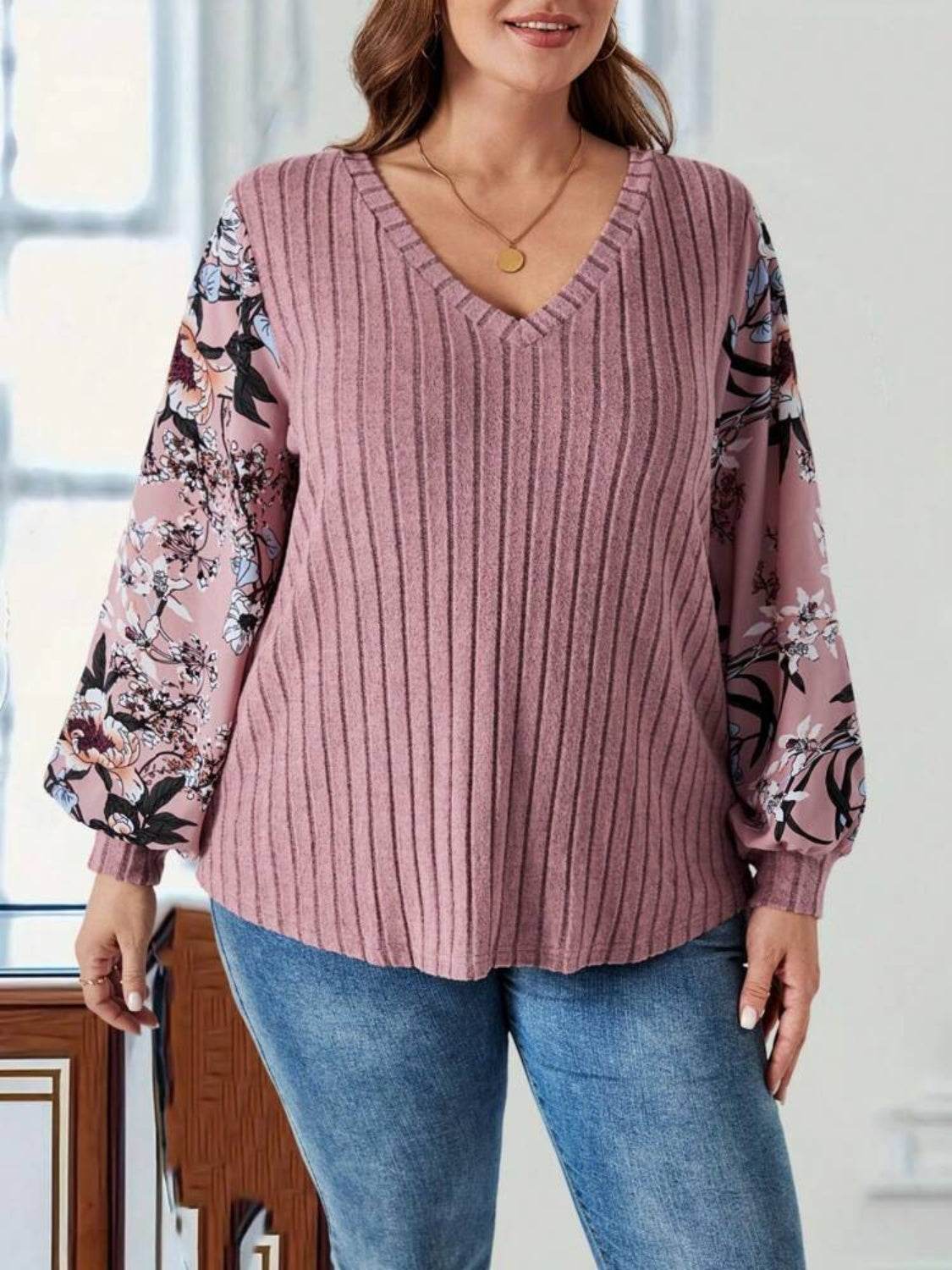 Plus Size Printed V-Neck Long Sleeve T-Shirt Dusty Pink for a perfect OOTD – dress to impress outfits from Amexza