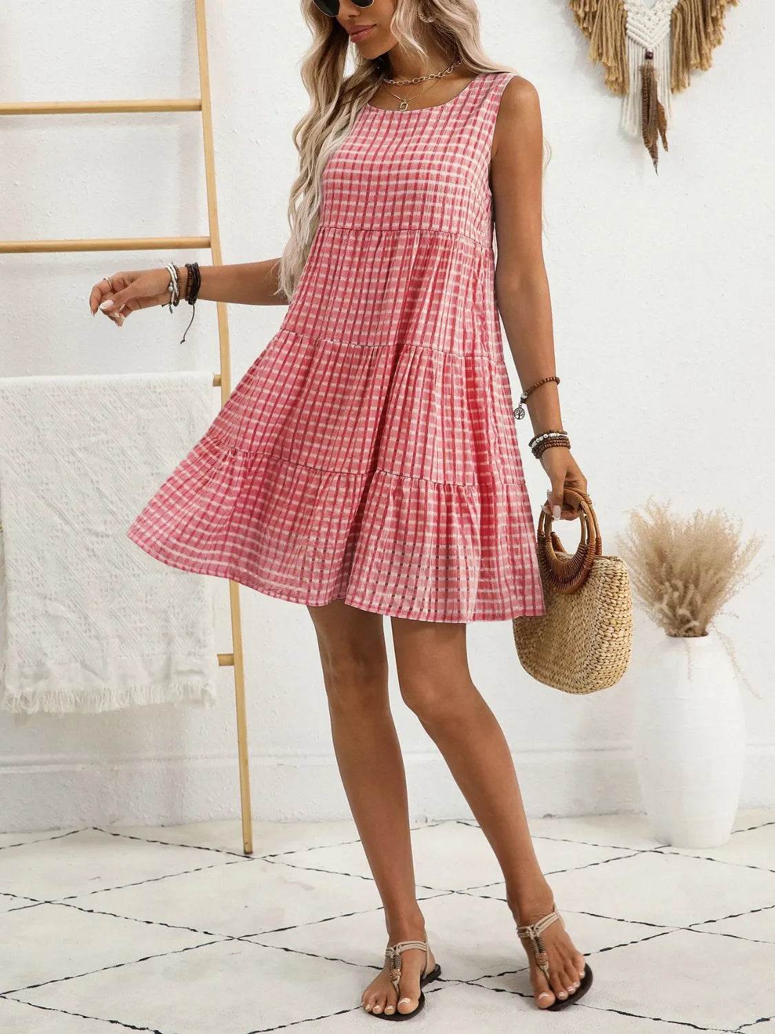 Plaid Round Neck Sleeveless Mini Dress for a perfect OOTD – dress to impress outfits from Amexza