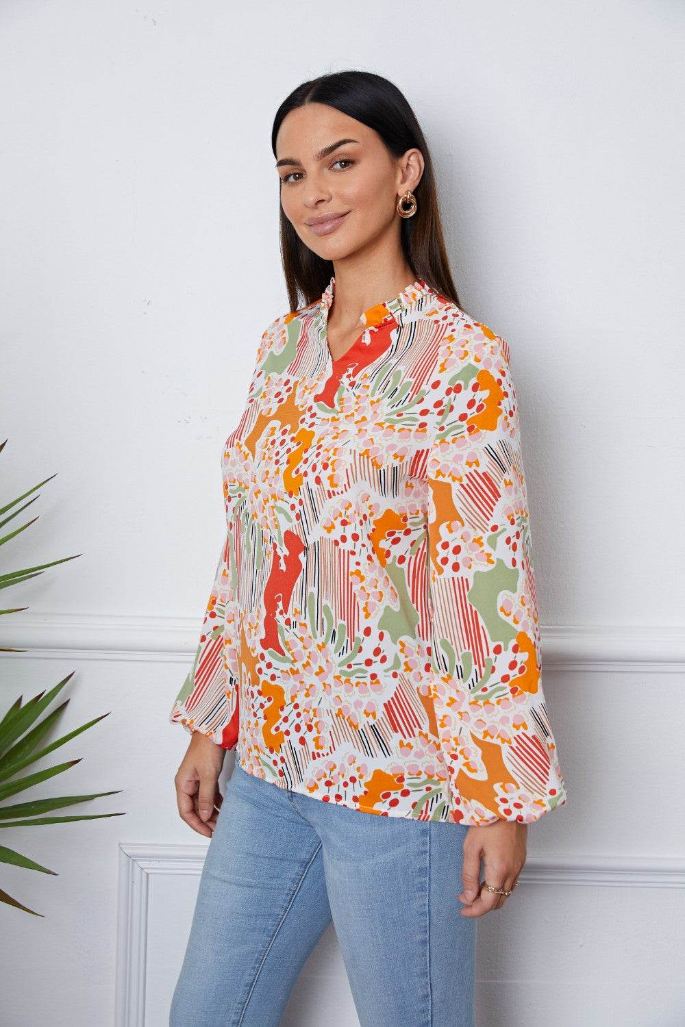 Floral Frill Notched Long Sleeve Blouse for a perfect OOTD – dress to impress outfits from Amexza