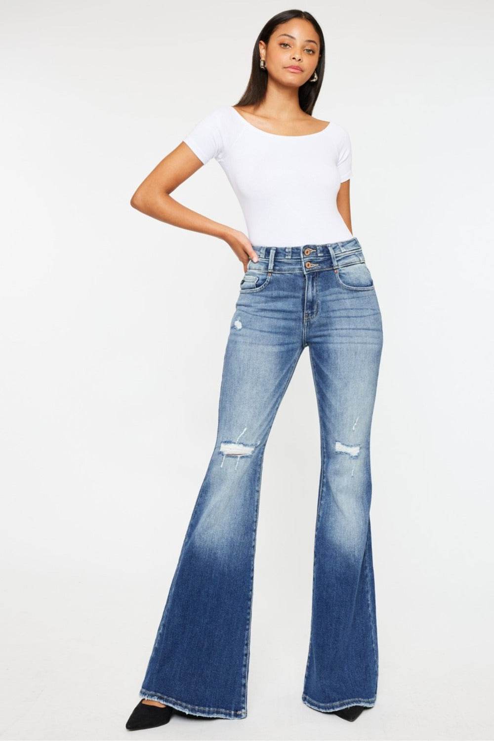 Kancan High Rise Wide Waistband Flare Jeans Dark for a perfect OOTD – dress to impress outfits from Amexza