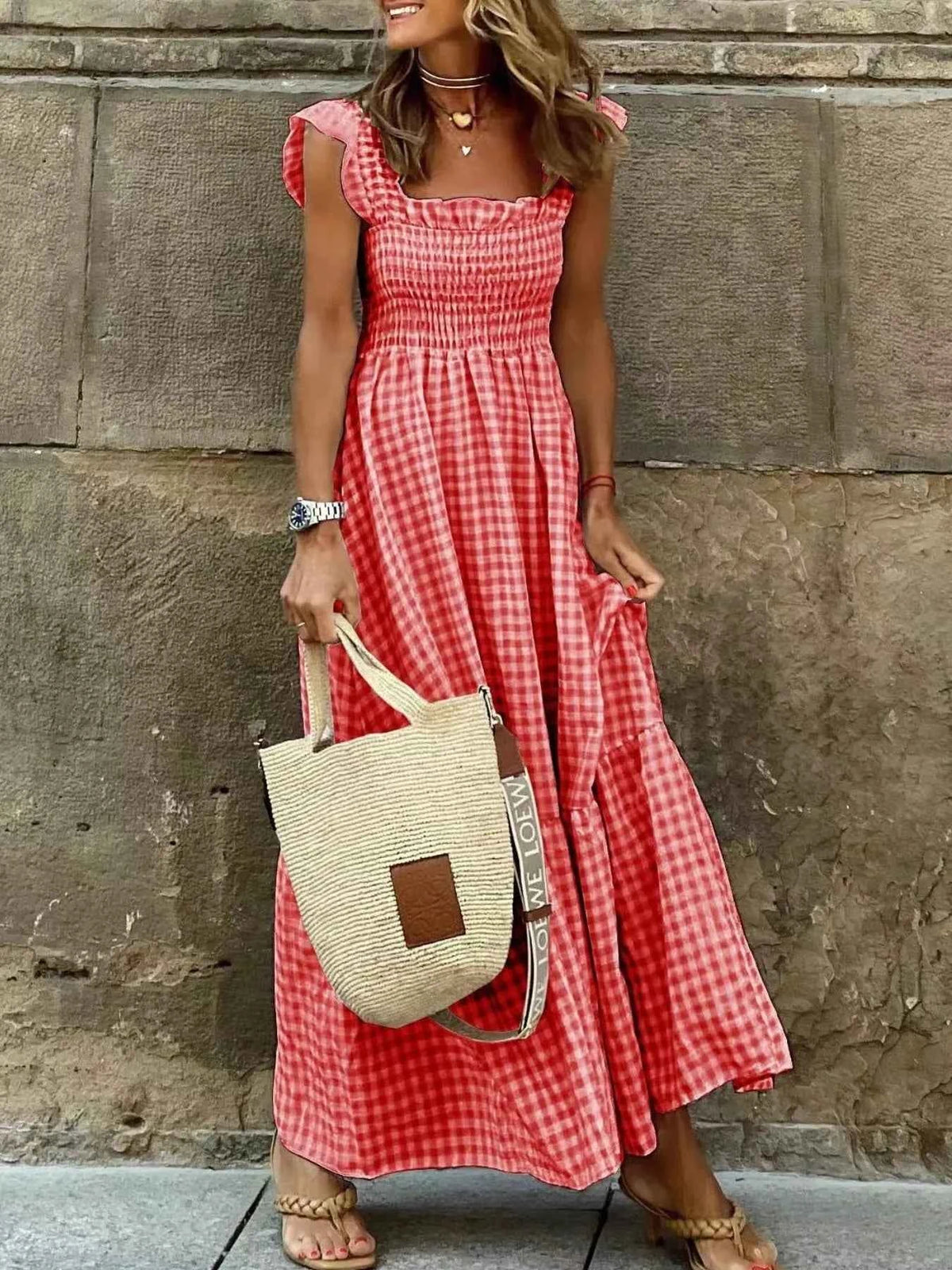 Smocked Gingham Maxi Dress with Ruffle Straps
