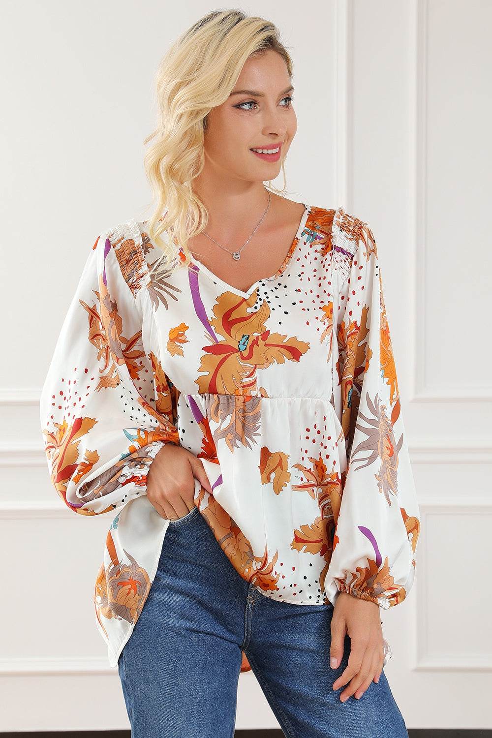 Printed V-Neck Smocked Balloon Sleeve Blouse for a perfect OOTD – dress to impress outfits from Amexza