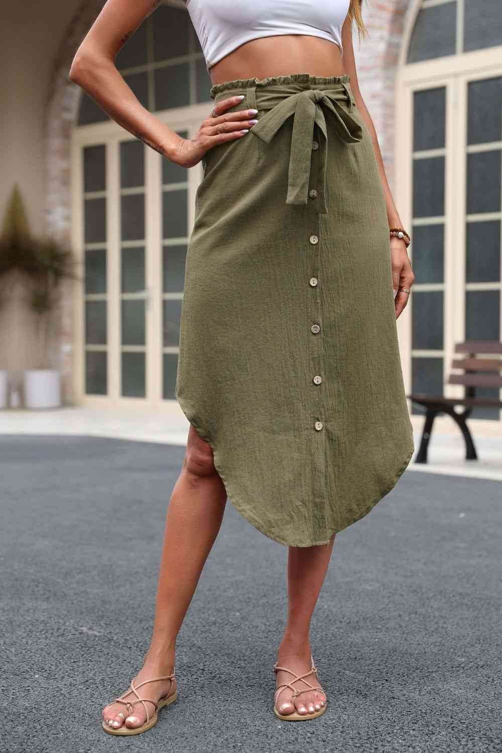 Perfee Tie Belt Frill Trim Buttoned Skirt Olive for a perfect OOTD – dress to impress outfits from Amexza