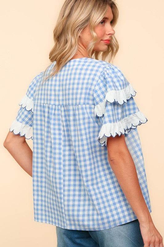 Haptics Full Size Plaid Scallop Hem Notched Short Sleeve Blouse for a perfect OOTD – dress to impress outfits from Amexza