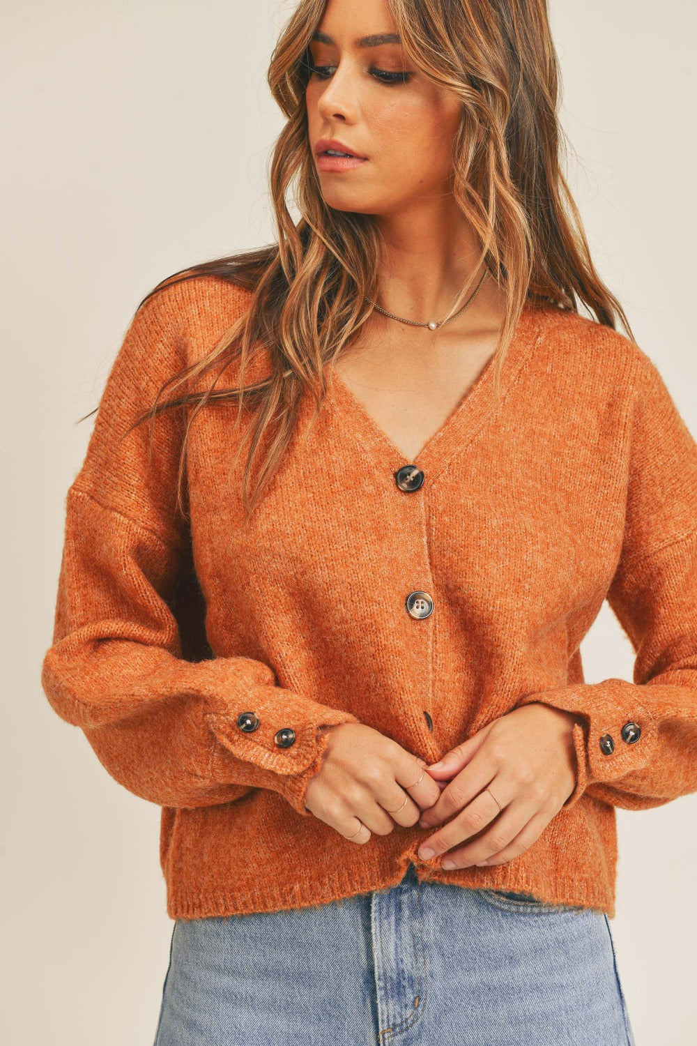 MABLE Long Sleeve Button Down Sweater Cardigan Rust for a perfect OOTD – dress to impress outfits from Amexza