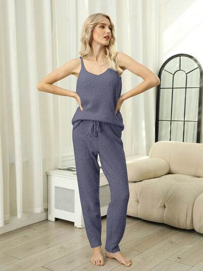 Fuzzy V-Neck Cami and Pants Lounge Set Dusty Blue for a perfect OOTD – dress to impress outfits from Amexza