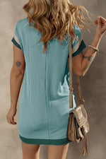 Textured Round Neck Short Sleeve Dress - Amexza