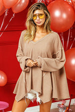 BiBi V-Neck Waffle Uneven Hem Top - Amexza