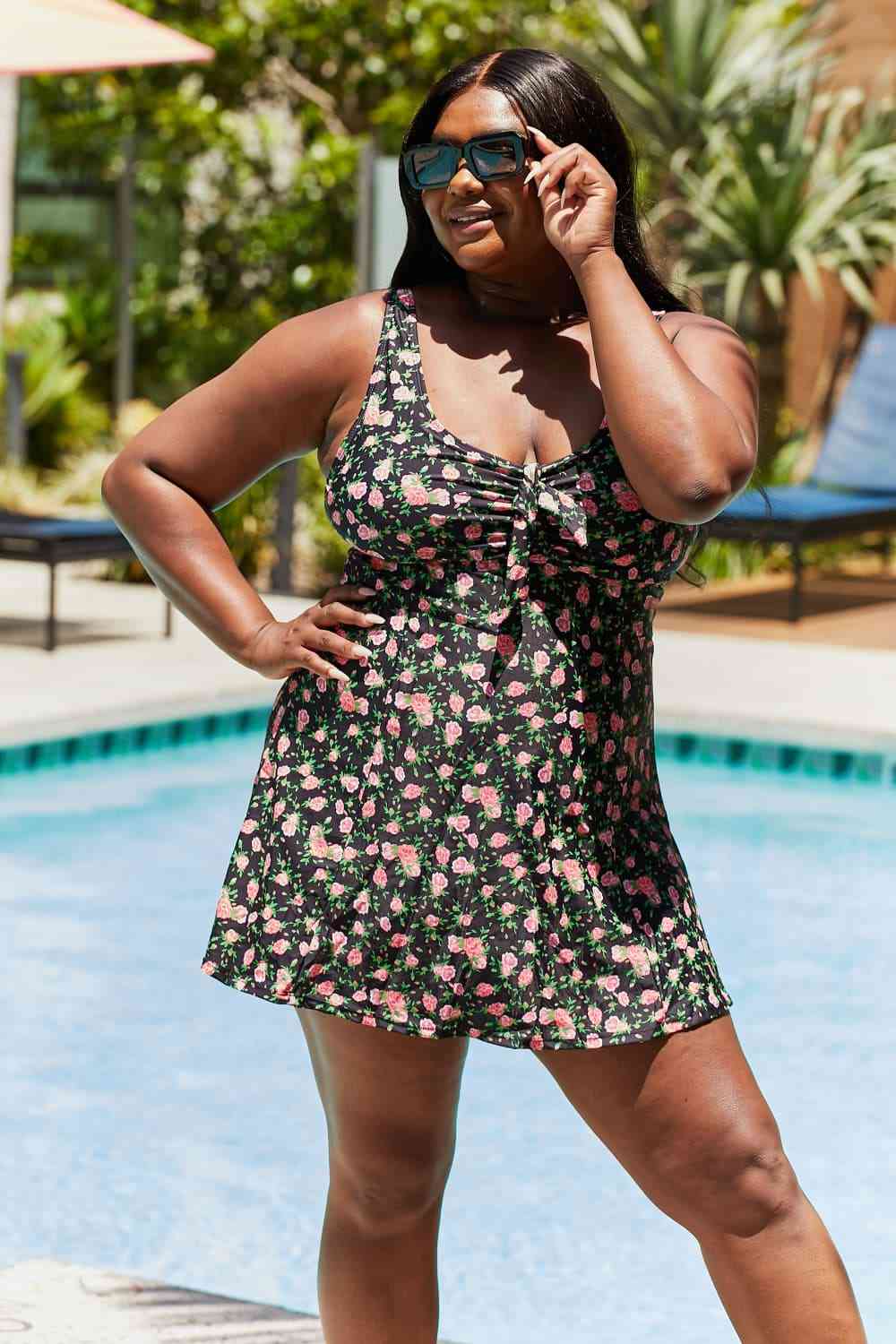 Marina West Swim Full Size Clear Waters Swim Dress in Black Roses for a perfect OOTD – dress to impress outfits from Amexza