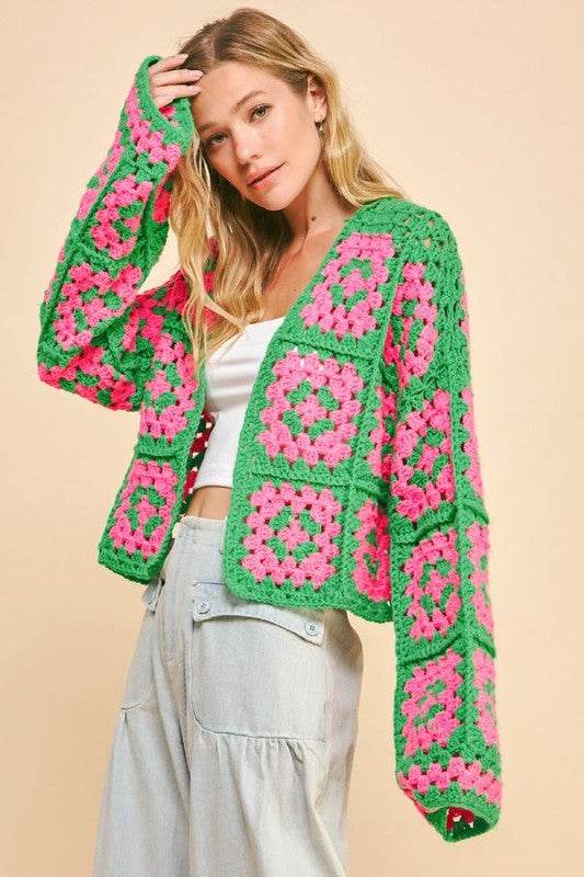 Davi & Dani Full Size Two Tone Flower Square Crochet Open Front Cardigan - Amexza