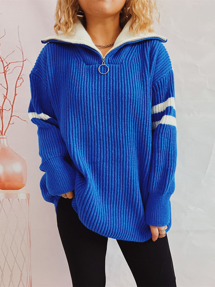 Ribbed Two-Tone Half Zip Sweater Royal Blue for a perfect OOTD – dress to impress outfits from Amexza