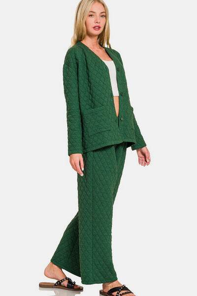 Zenana Quilted Button Up Long Sleeve Top and Pants Lounge Set for a perfect OOTD – dress to impress outfits from Amexza