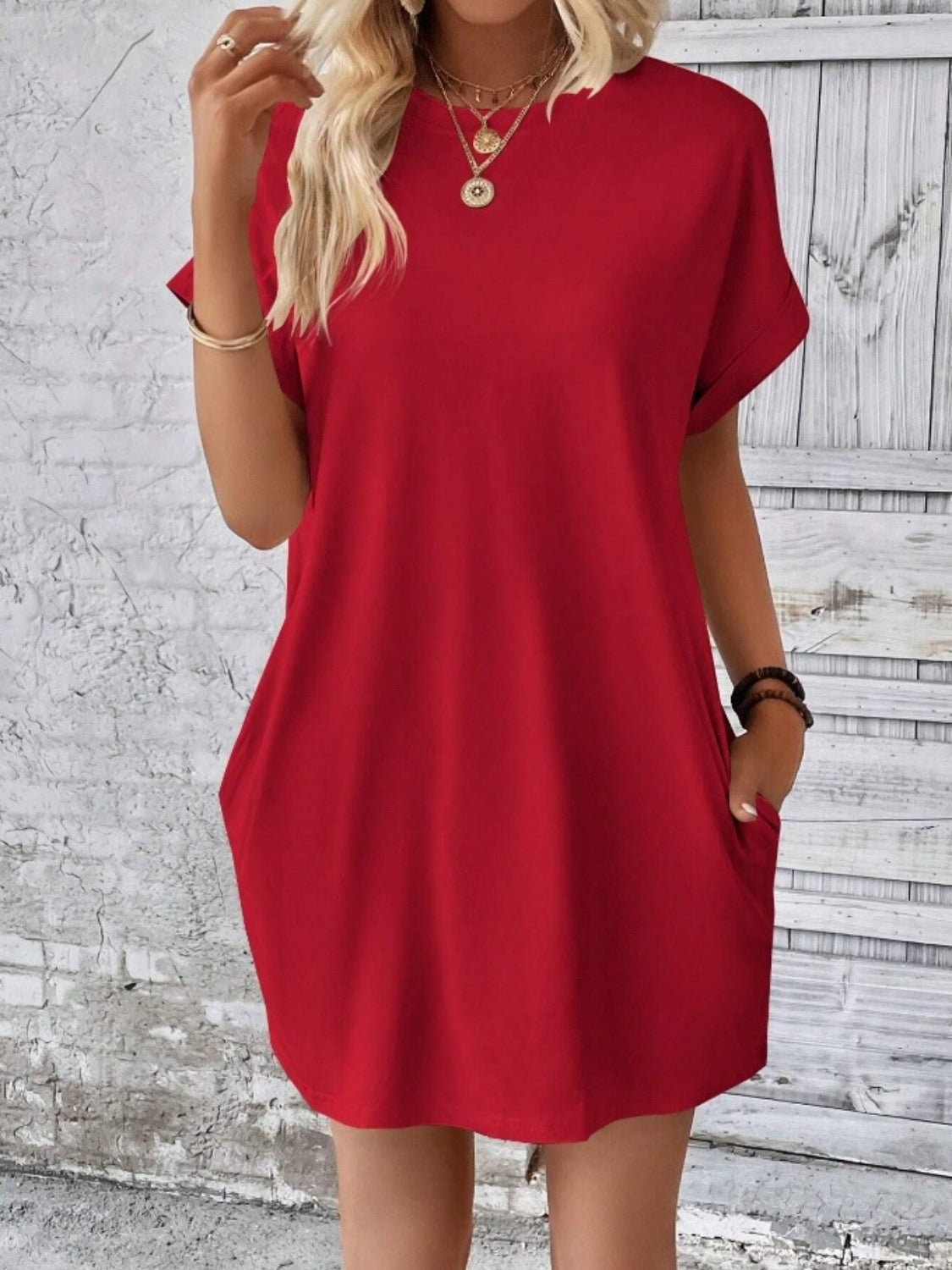 Pocketed Round Neck Short Sleeve Dress - Deep Red / S