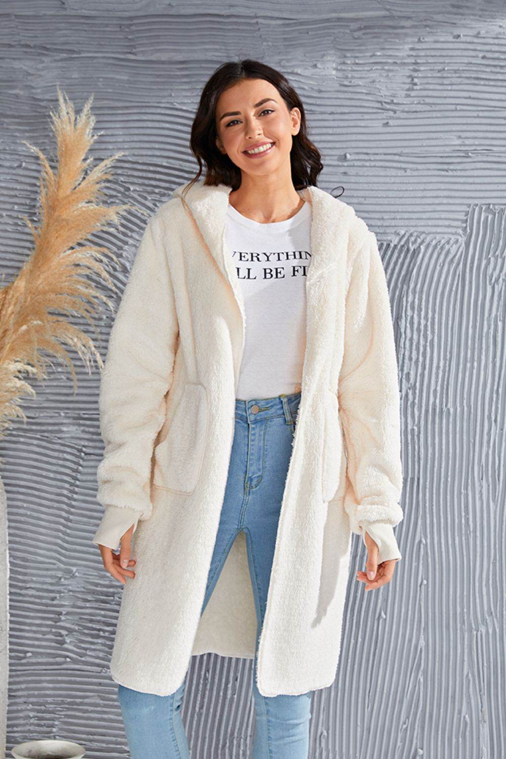 Double Take Full Size Hooded Teddy Bear Jacket with Thumbholes for a perfect OOTD – dress to impress outfits from Amexza