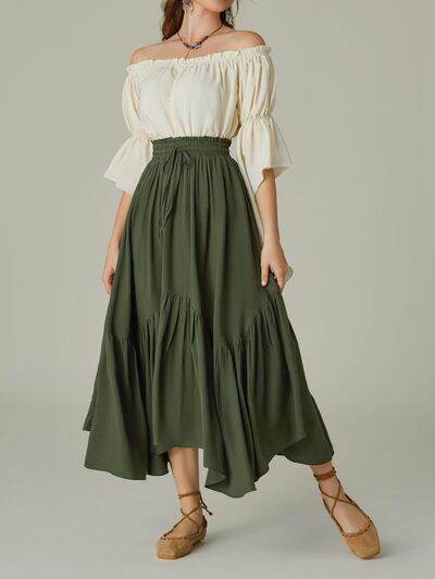 Smocked Waist Band Ruched Layered Skirt Army Green for a perfect OOTD – dress to impress outfits from Amexza