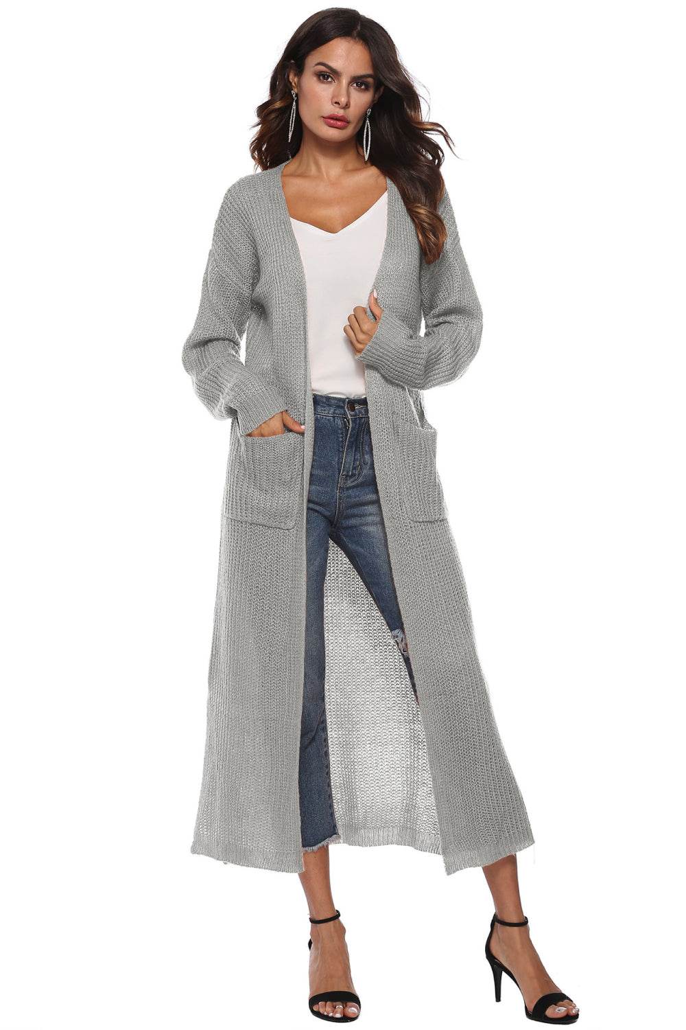 Long Sleeve Open Front Buttoned Cardigan Light Gray for a perfect OOTD – dress to impress outfits from Amexza