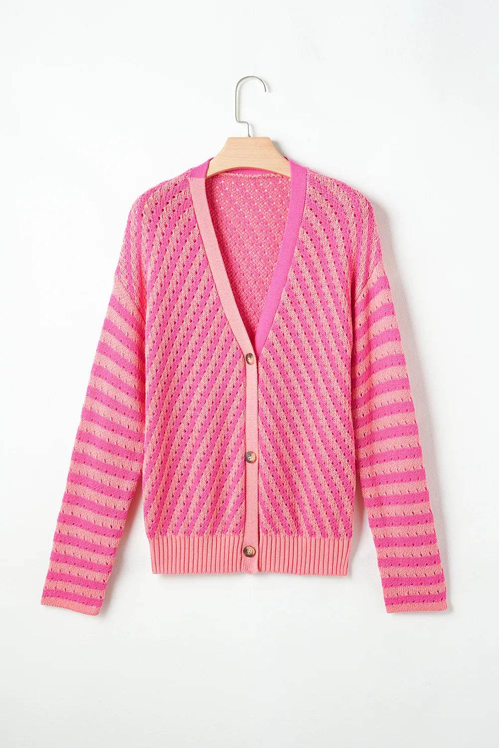 Striped V-Neck Button Up Cardigan - Amexza