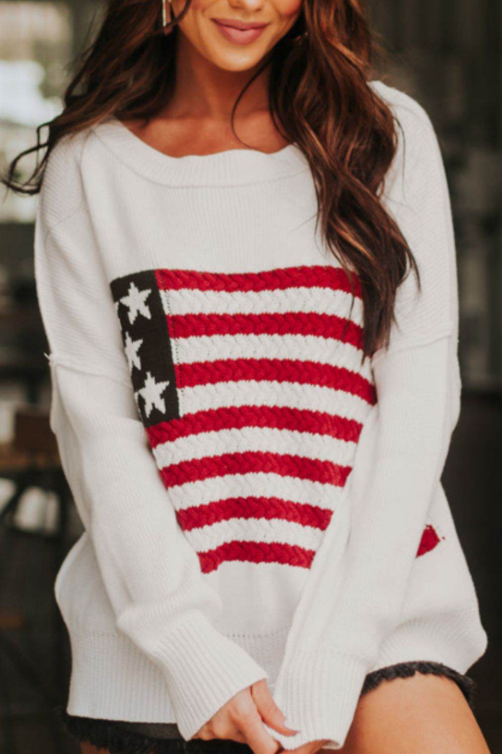 US Flag Side Slit Drop Shoulder Sweater for a perfect OOTD – dress to impress outfits from Amexza