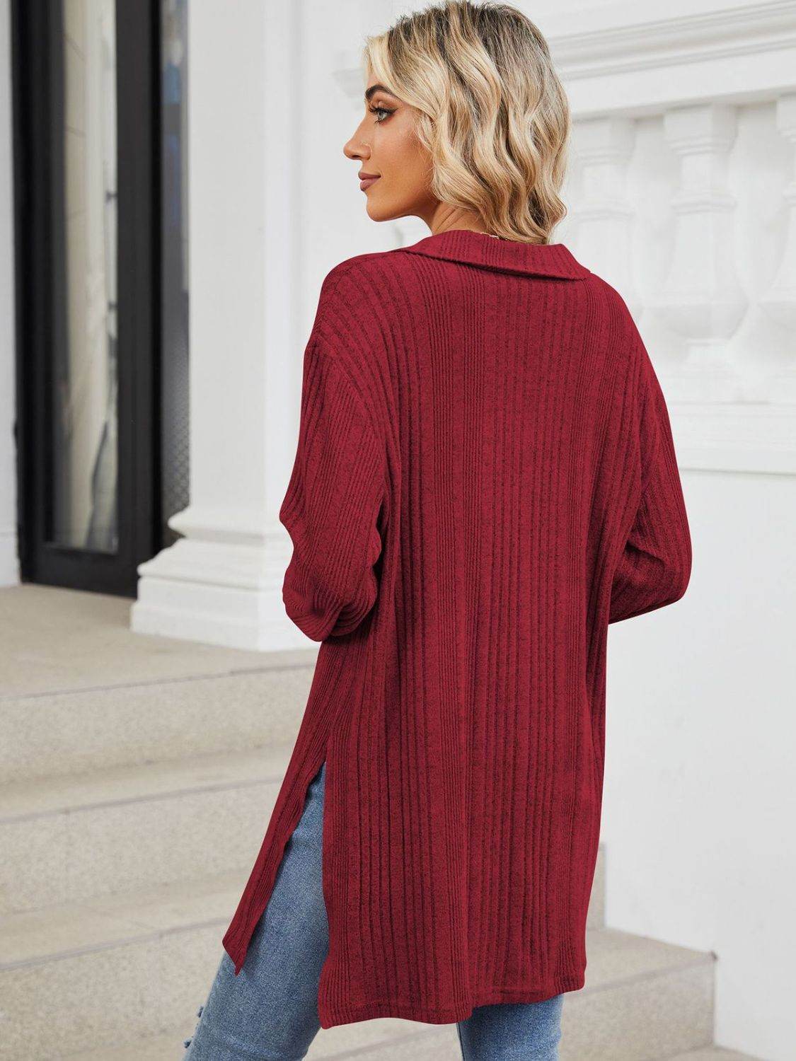 Slit Johnny Collar Long Sleeve T-Shirt for a perfect OOTD – dress to impress outfits from Amexza