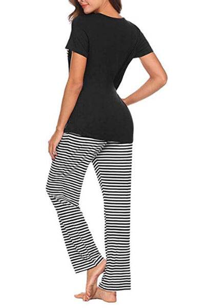 Pocketed Short Sleeve Top and Striped Pants Lounge Set for a perfect OOTD – dress to impress outfits from Amexza