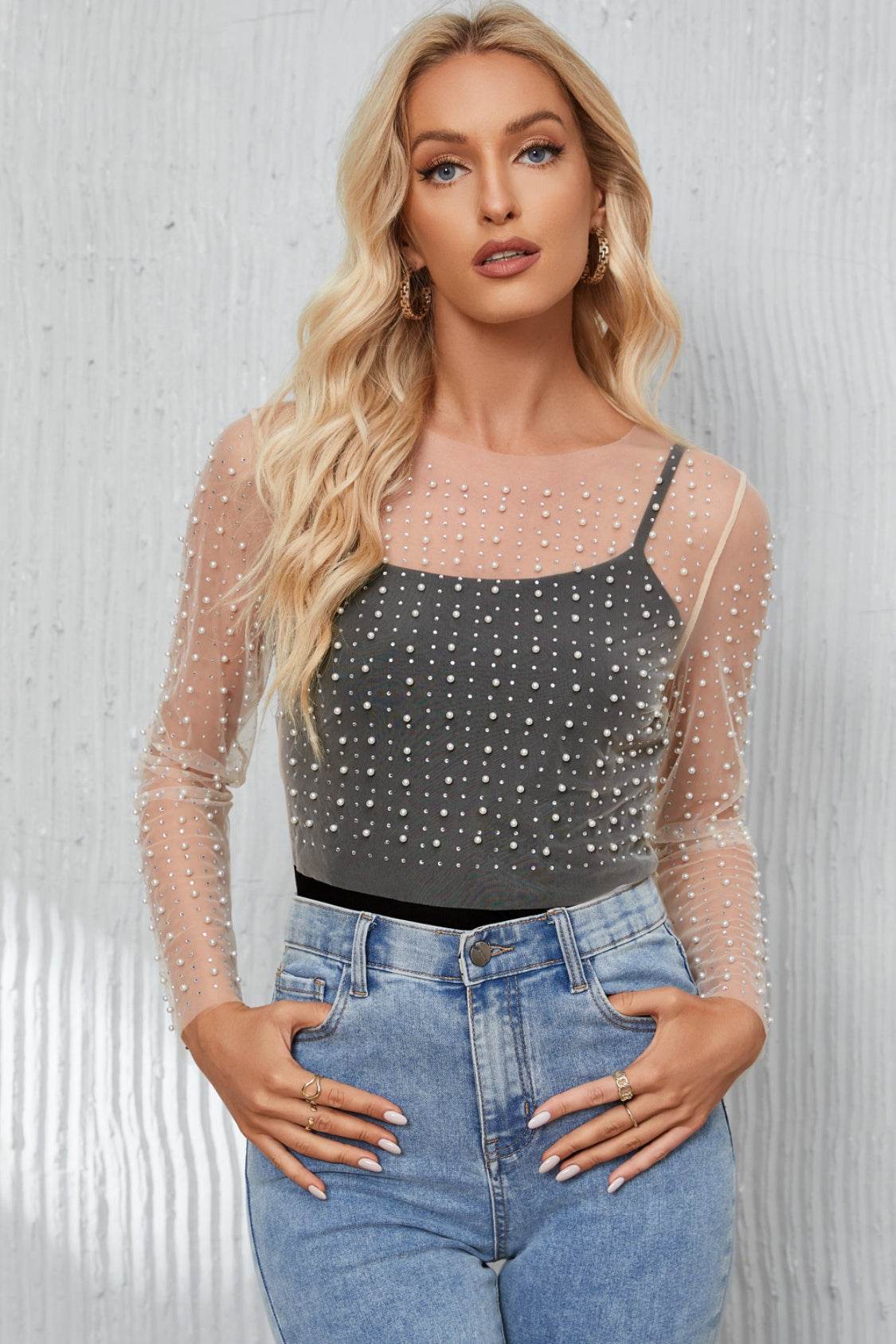 Pearl Long Sleeve Mesh Cropped Top for a perfect OOTD – dress to impress outfits from Amexza