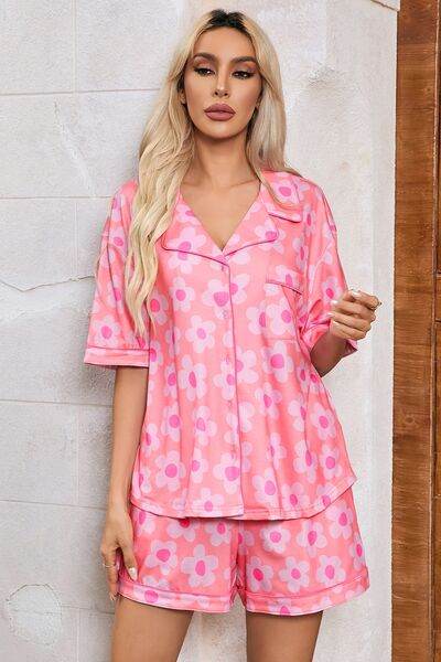 Pocketed Flower Half Sleeve Top and Shorts Lounge Set Blush Pink for a perfect OOTD – dress to impress outfits from Amexza