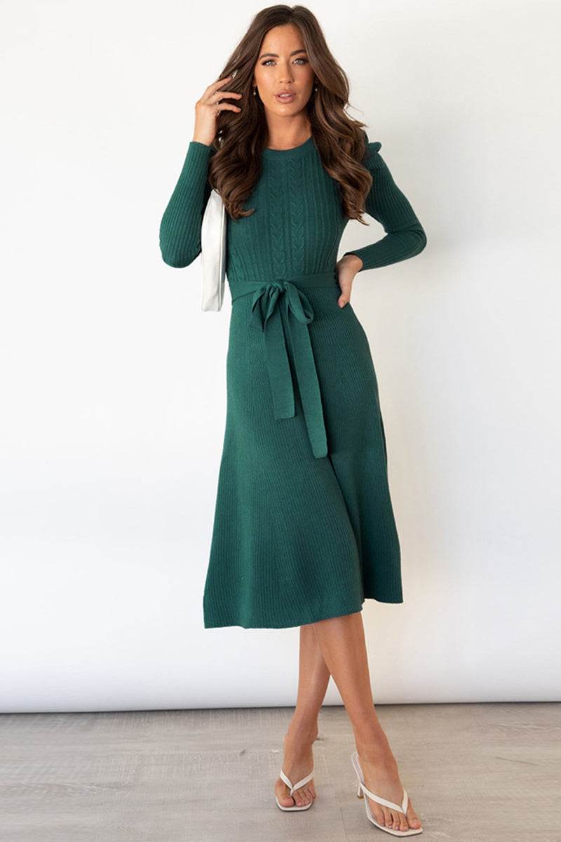 Round Neck Long Sleeve Tie Waist Sweater Dress Deep Teal for a perfect OOTD – dress to impress outfits from Amexza