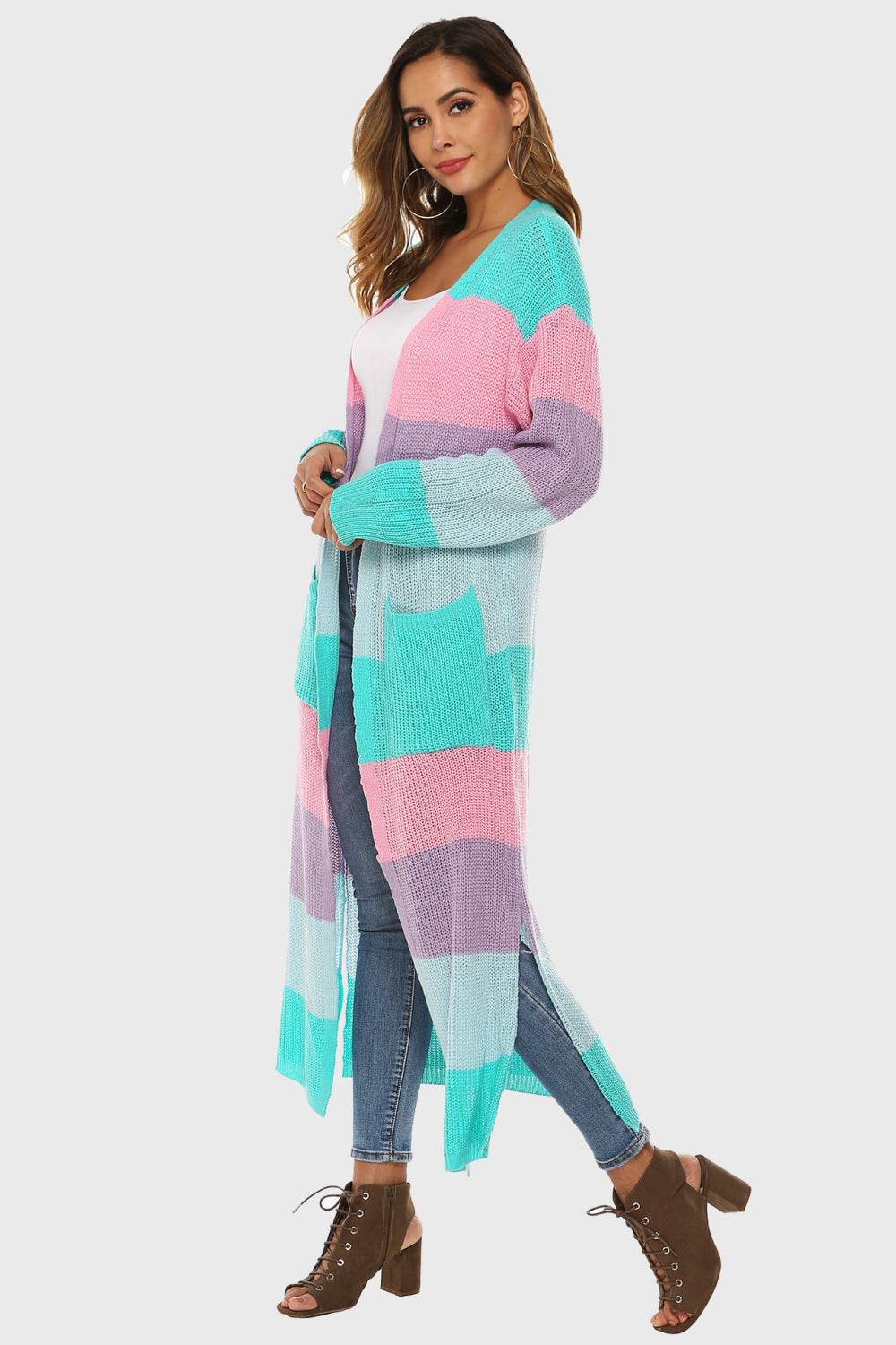 Color Block Long Sleeve Pocketed Cardigan for a perfect OOTD – dress to impress outfits from Amexza