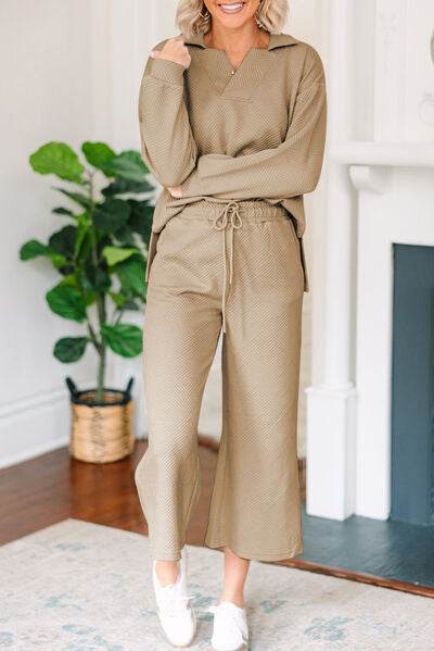 Textured Collared Neck Top and Wide Leg Pants Set - Amexza