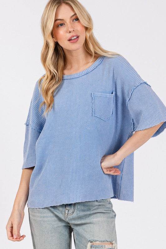 SAGE + FIG Exposed Seam Round Neck Half Sleeve T-Shirt - Amexza