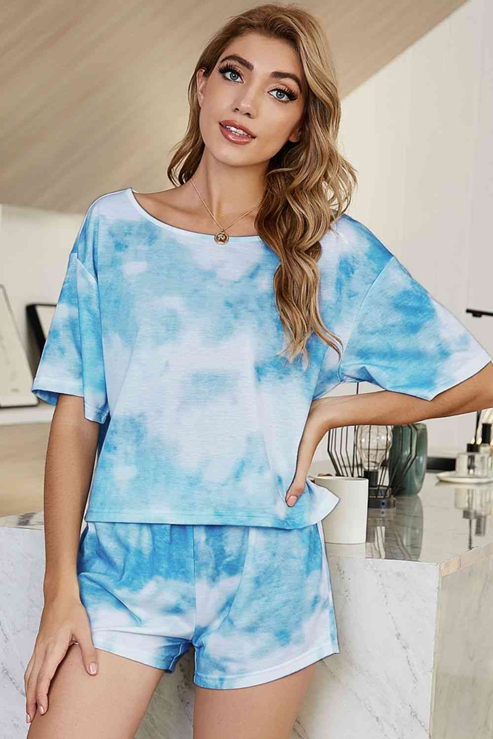 Shiny Tie-Dye Boat Neck Top and Shorts Lounge Set for a perfect OOTD – dress to impress outfits from Amexza