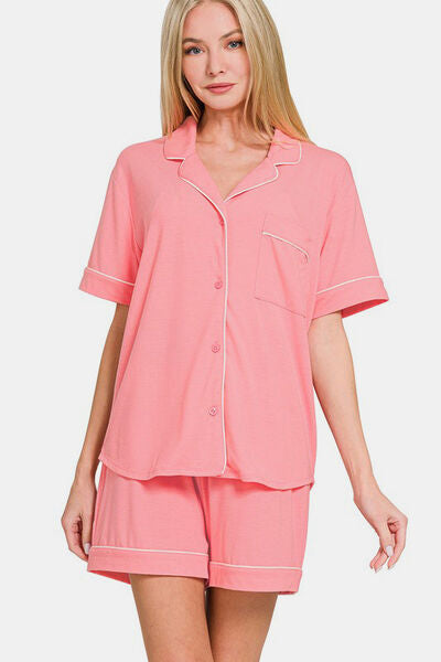 Zenana Button Down Short Sleeve Top and Shorts Lounge Set DK PINK for a perfect OOTD – dress to impress outfits from Amexza