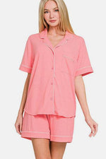 Zenana Button Down Short Sleeve Top and Shorts Lounge Set DK PINK for a perfect OOTD – dress to impress outfits from Amexza