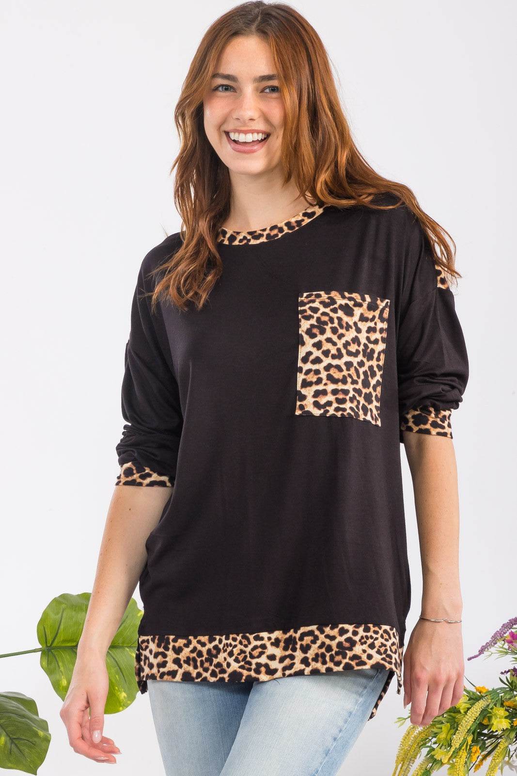 Celeste Full Size Leopard Round Neck Dropped Shoulder T-Shirt Black for a perfect OOTD – dress to impress outfits from Amexza