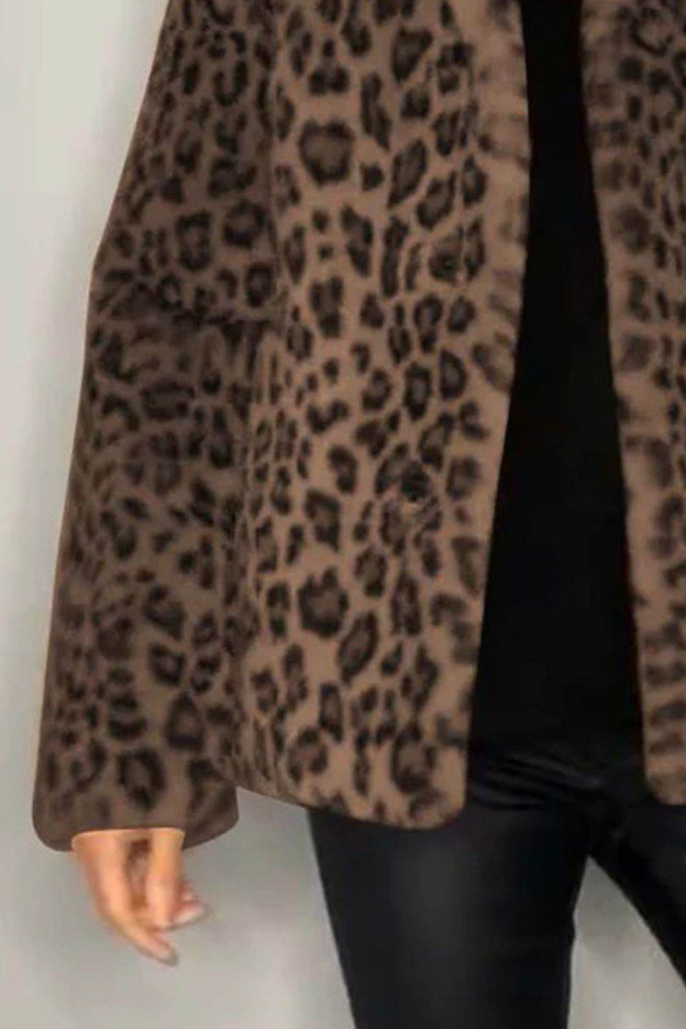 Full Size Leopard Furry Collared Neck Long Sleeve Coat - Amexza