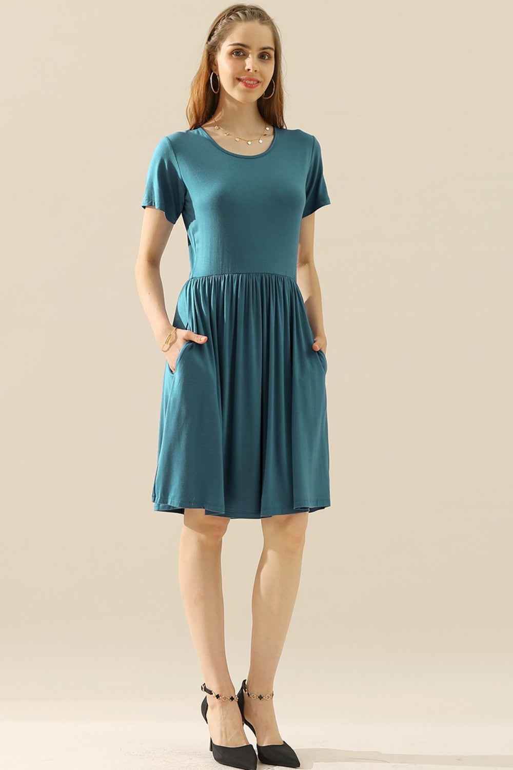 Ninexis Full Size Round Neck Ruched Dress with Pockets TEAL for a perfect OOTD – dress to impress outfits from Amexza