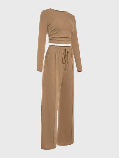 Round Neck Long Sleeve Top and Tied Pants Set for a perfect OOTD – dress to impress outfits from Amexza