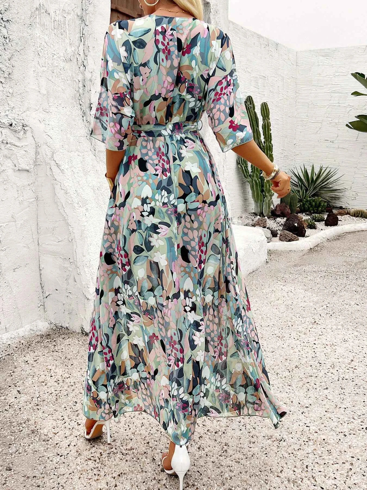 Slit Printed Surplice Half Sleeve Maxi Dress
