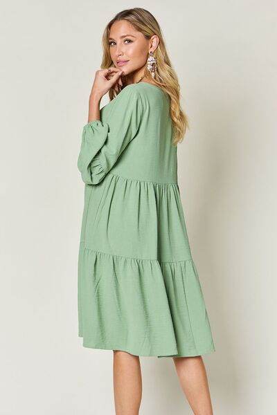 Double Take Full Size V-Neck Balloon Sleeve Tiered Dress with Pockets for a perfect OOTD – dress to impress outfits from Amexza