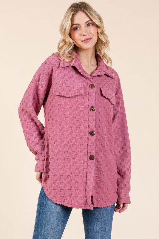 BOMBOM Checkered Button Down Dropped Shoulder Shacket Deep Rose for a perfect OOTD – dress to impress outfits from Amexza