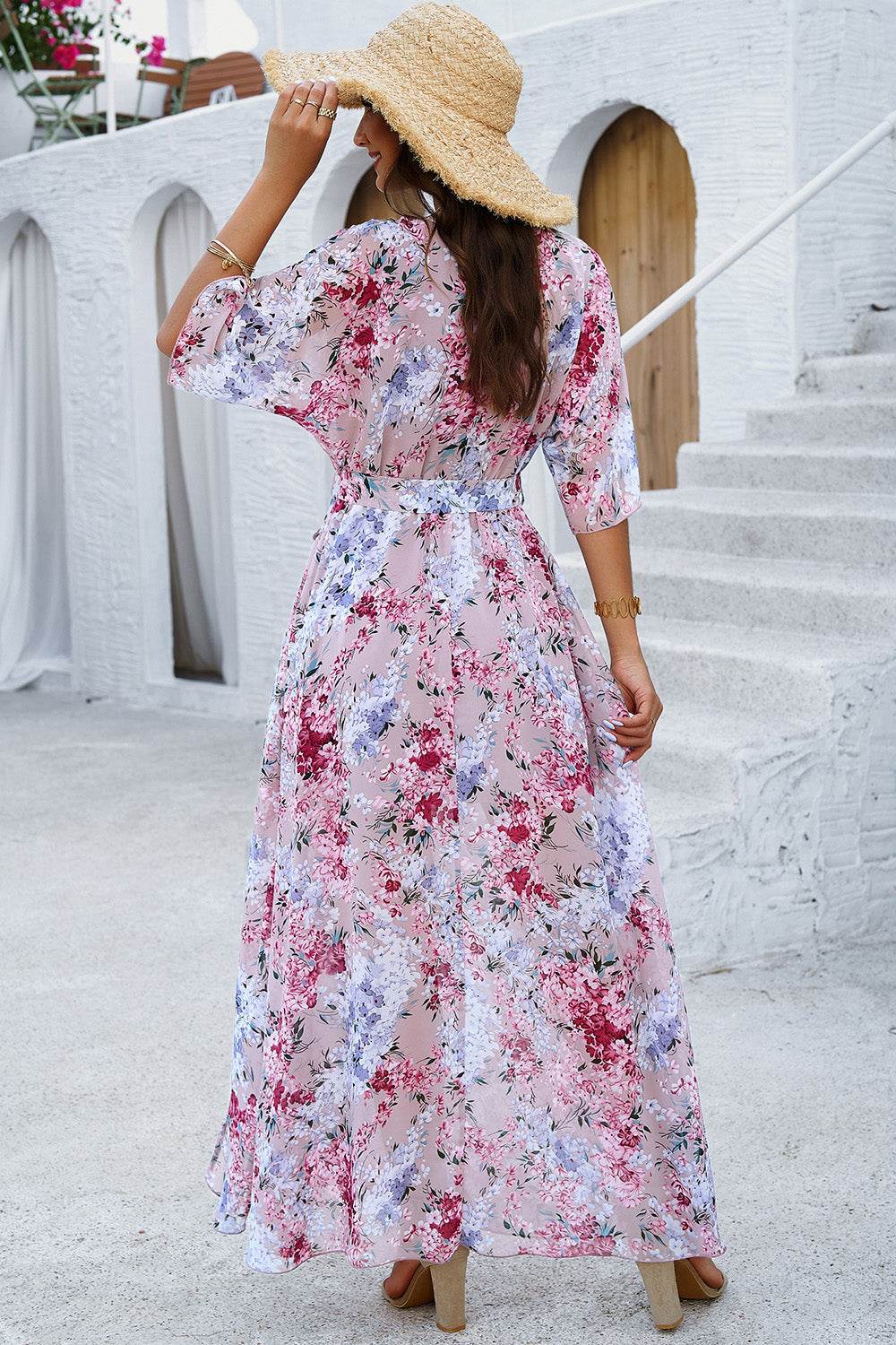 Devine Printed Tied Half Sleeve Slit Dress - Amexza