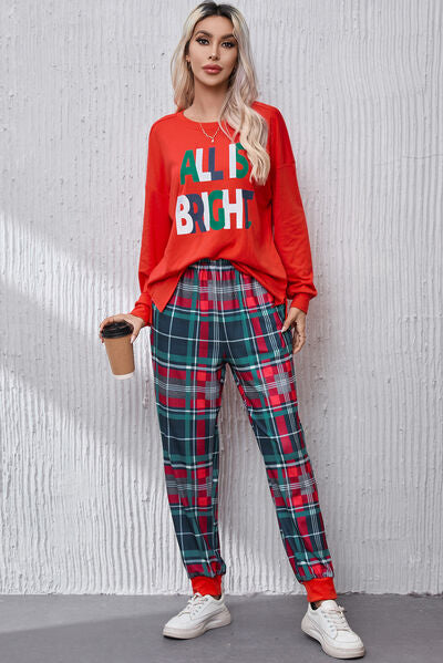 ALL IS BRIGHT Round Neck Top and Plaid Pants Lounge Set for a perfect OOTD – dress to impress outfits from Amexza