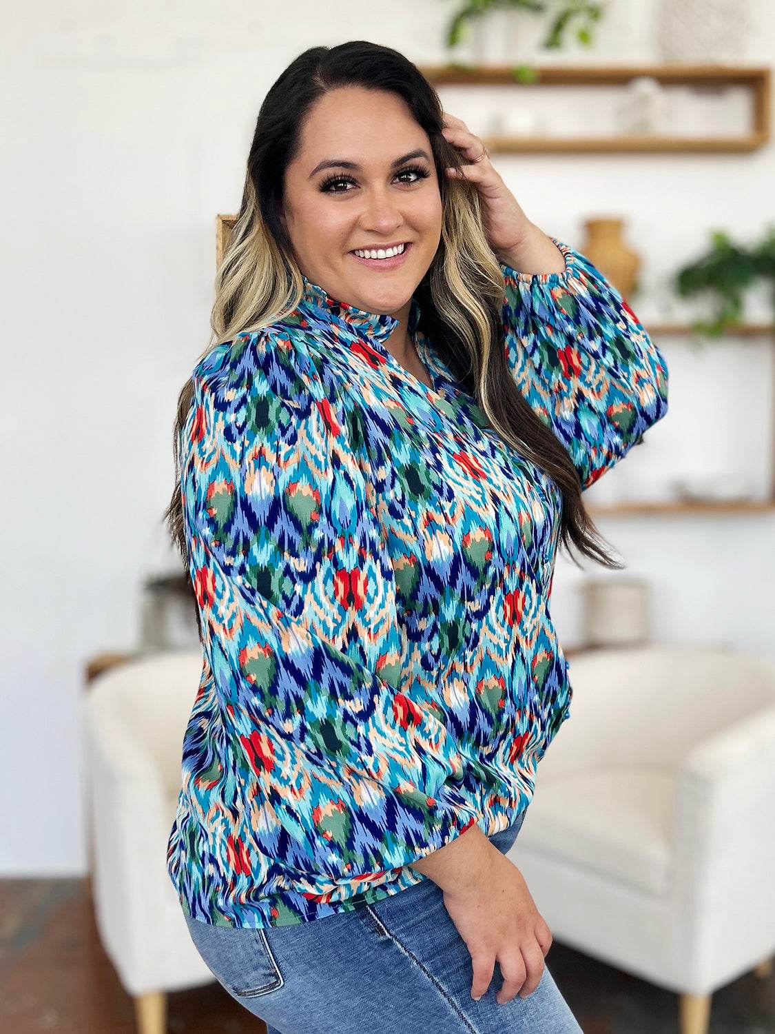 Double Take Full Size Printed Balloon Sleeve Blouse for a perfect OOTD – dress to impress outfits from Amexza