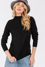 SAGE + FIG Glitter Mock Neck Lettuce Hem Long Sleeve Top - Amexza