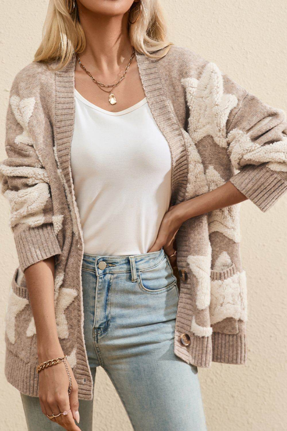 Sherpa Star V-Neck Cardigan with Pockets Khaki for a perfect OOTD – dress to impress outfits from Amexza