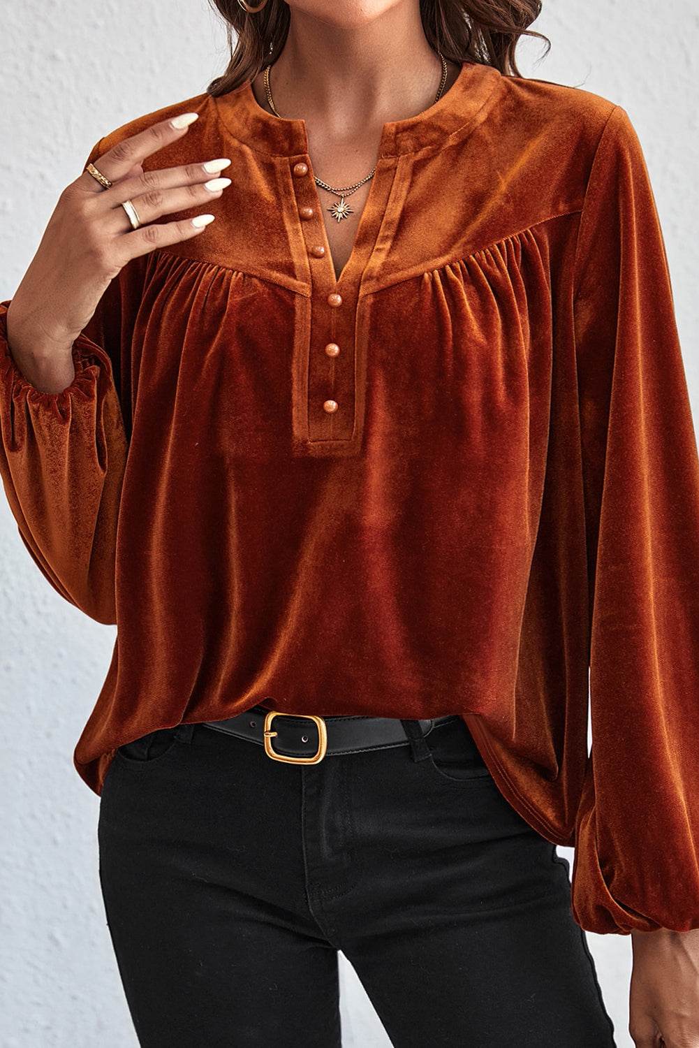 Ruched Decorative Button Notched Blouse for a perfect OOTD – dress to impress outfits from Amexza