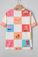 Checker Print Round Neck Short Sleeve T-Shirt - Amexza